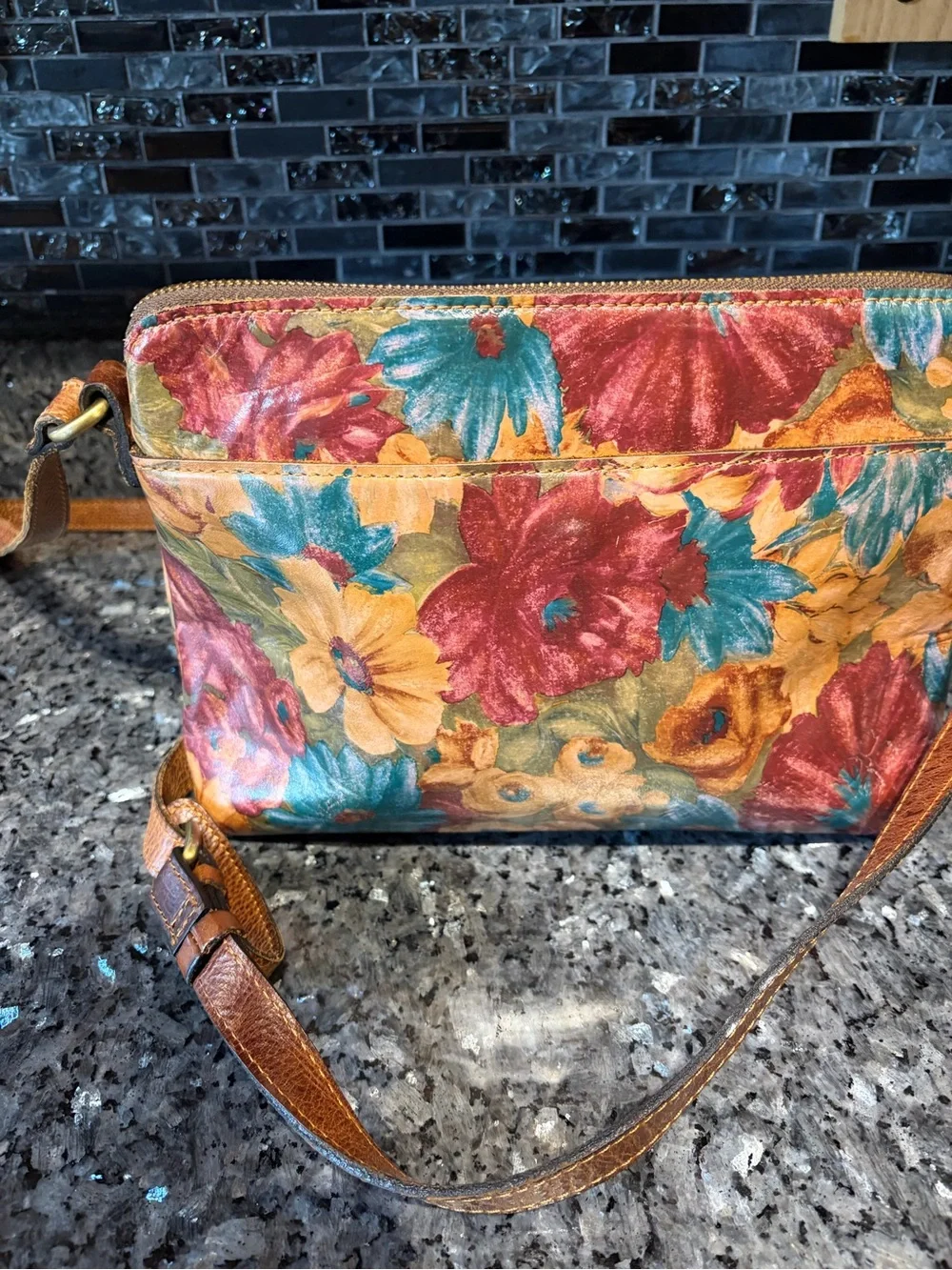Patricia Nash Floral Crossbody Bag Brown Bright Floral Flowers Leather Boho
